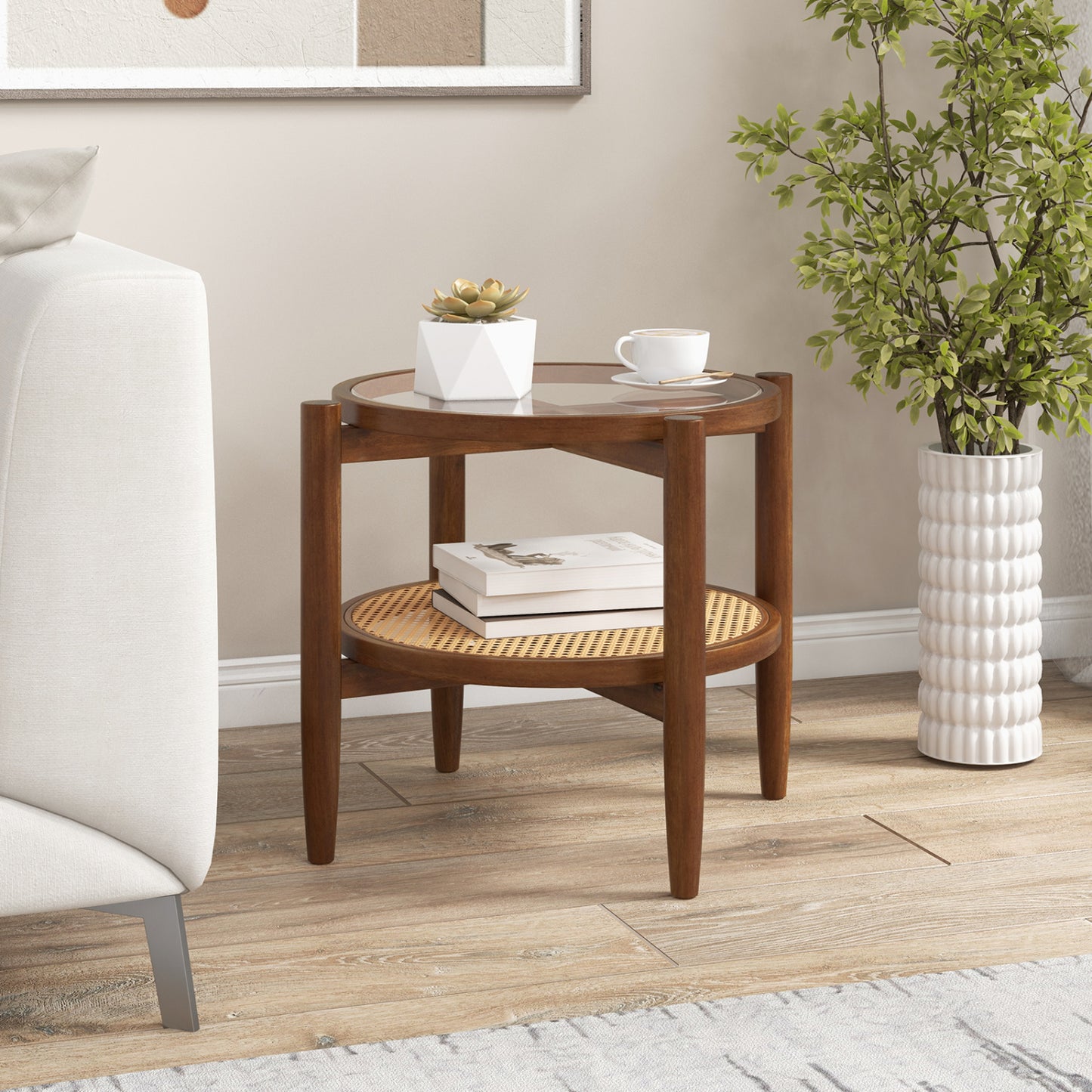 Round Rattan Side Table with Tempered Glass Top