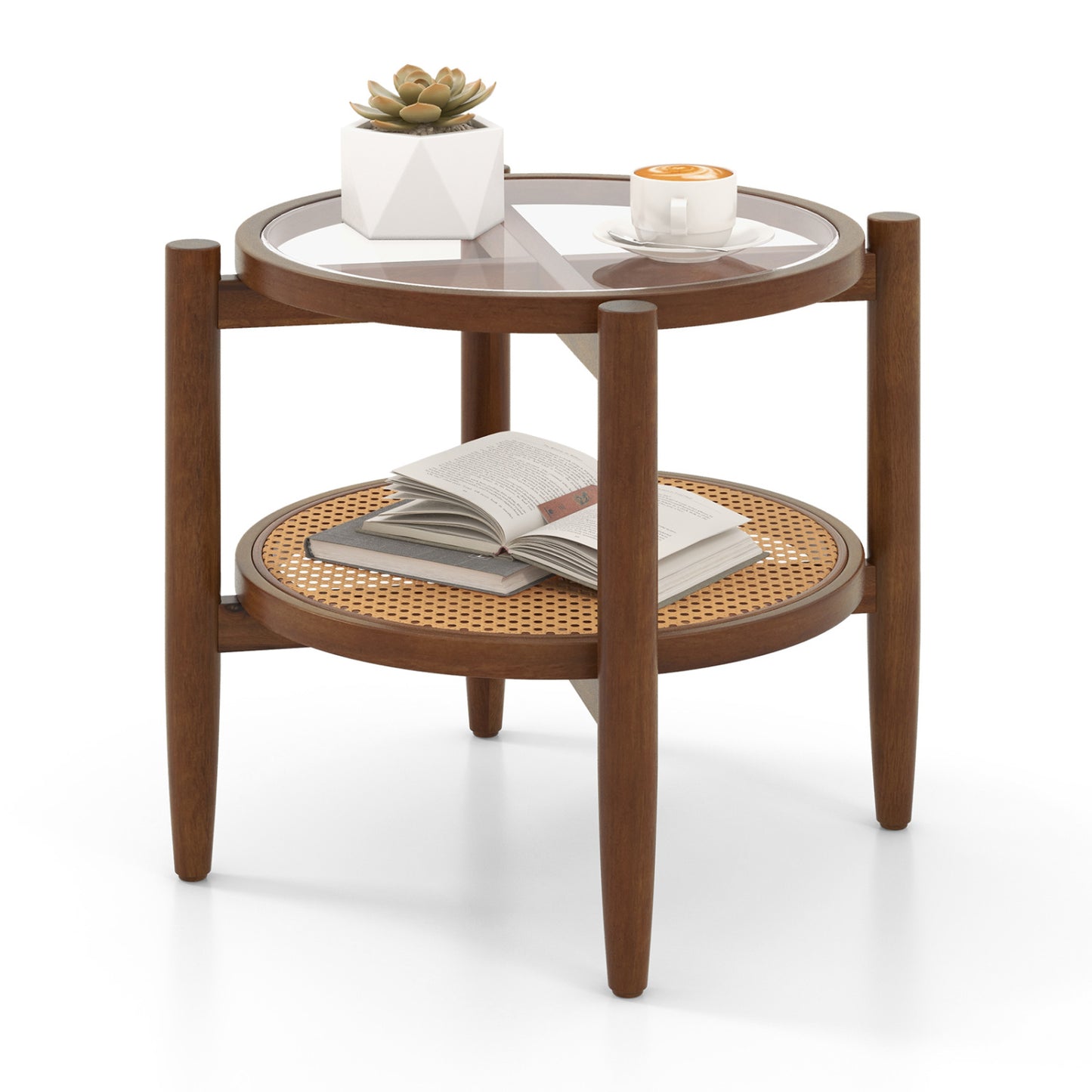 Round Rattan Side Table with Tempered Glass Top