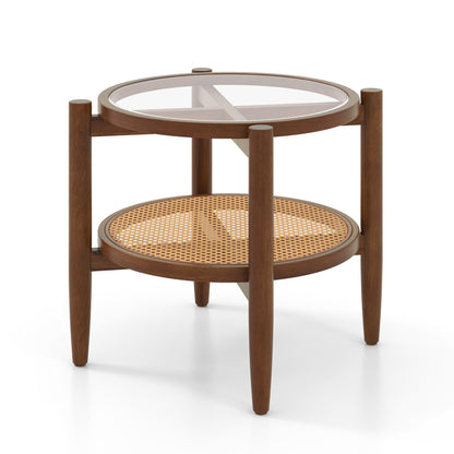 Round Rattan Side Table with Tempered Glass Top