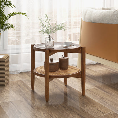 Round Rattan Side Table with Tempered Glass Top