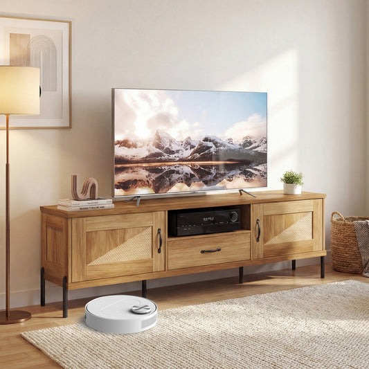 Rattan TV Stand for TVs up to 80" Mid Century Modern Media Console Table with 2 Storage Cabinets