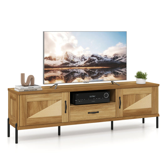 Rattan TV Stand for TVs up to 80" Mid Century Modern Media Console Table with 2 Storage Cabinets