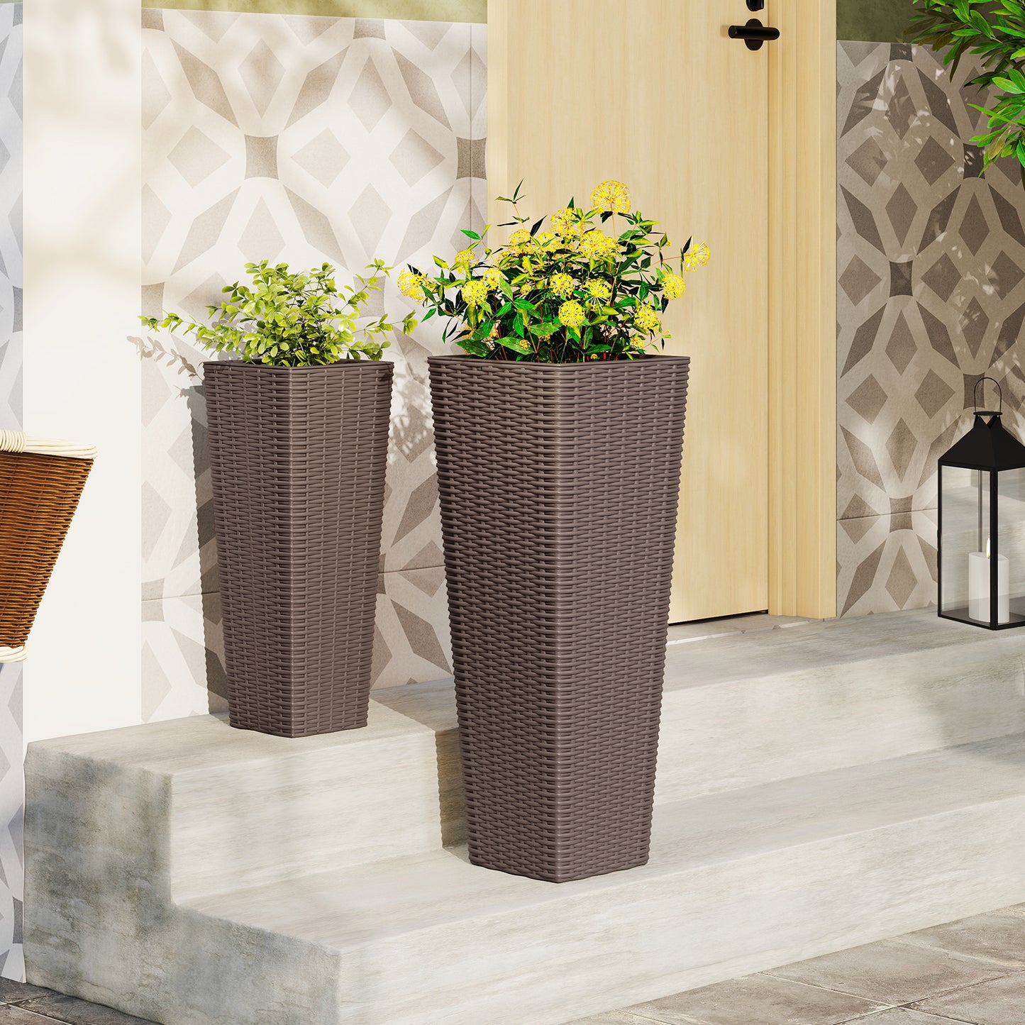 Rattan Tall Planter Set of 2 Outdoor Large Tapered Planters with Removable Inner Trays-Brown