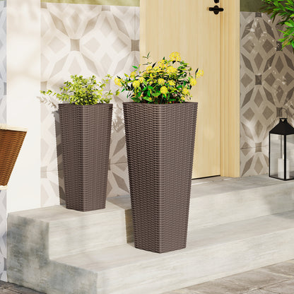 Rattan Tall Planter Set of 2 Outdoor Large Tapered Planters with Removable Inner Trays-Brown