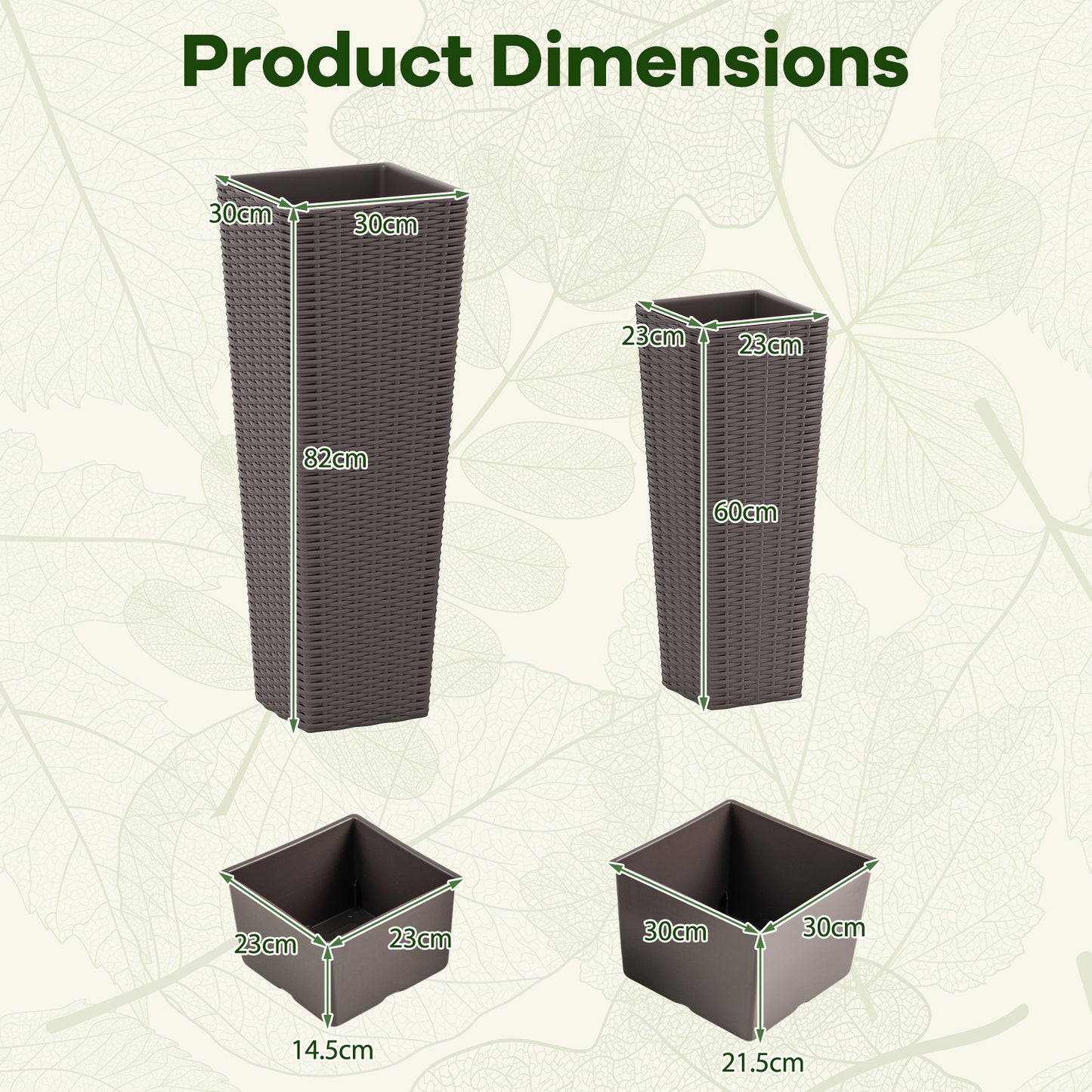Rattan Tall Planter Set of 2 Outdoor Large Tapered Planters with Removable Inner Trays-Brown