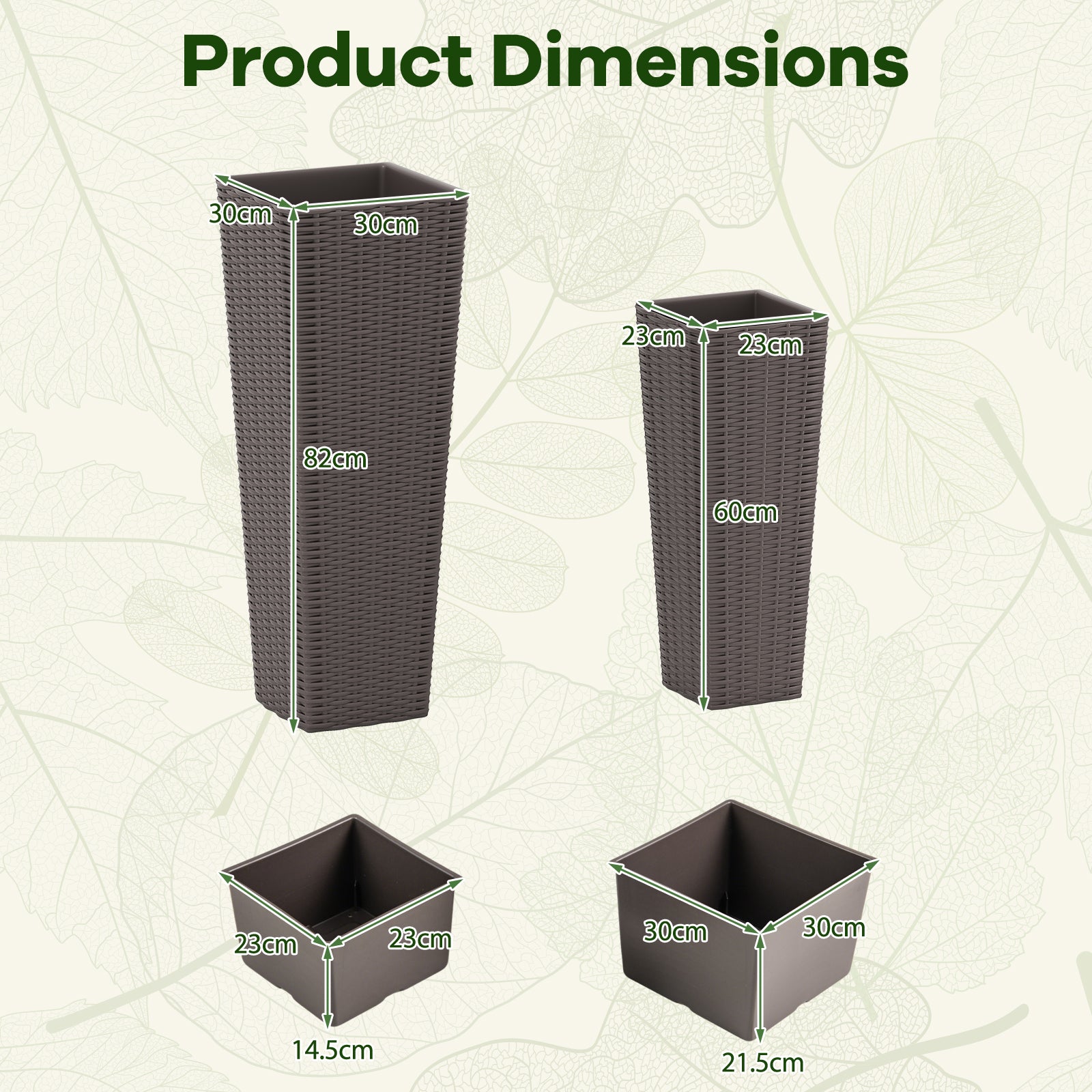 Rattan Tall Planter Set of 2 Outdoor Large Tapered Planters with Removable Inner Trays-Brown