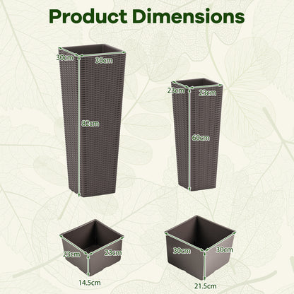 Rattan Tall Planter Set of 2 Outdoor Large Tapered Planters with Removable Inner Trays-Brown