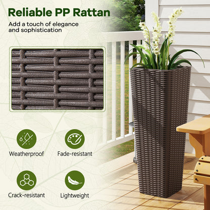 Rattan Tall Planter Set of 2 Outdoor Large Tapered Planters with Removable Inner Trays-Brown