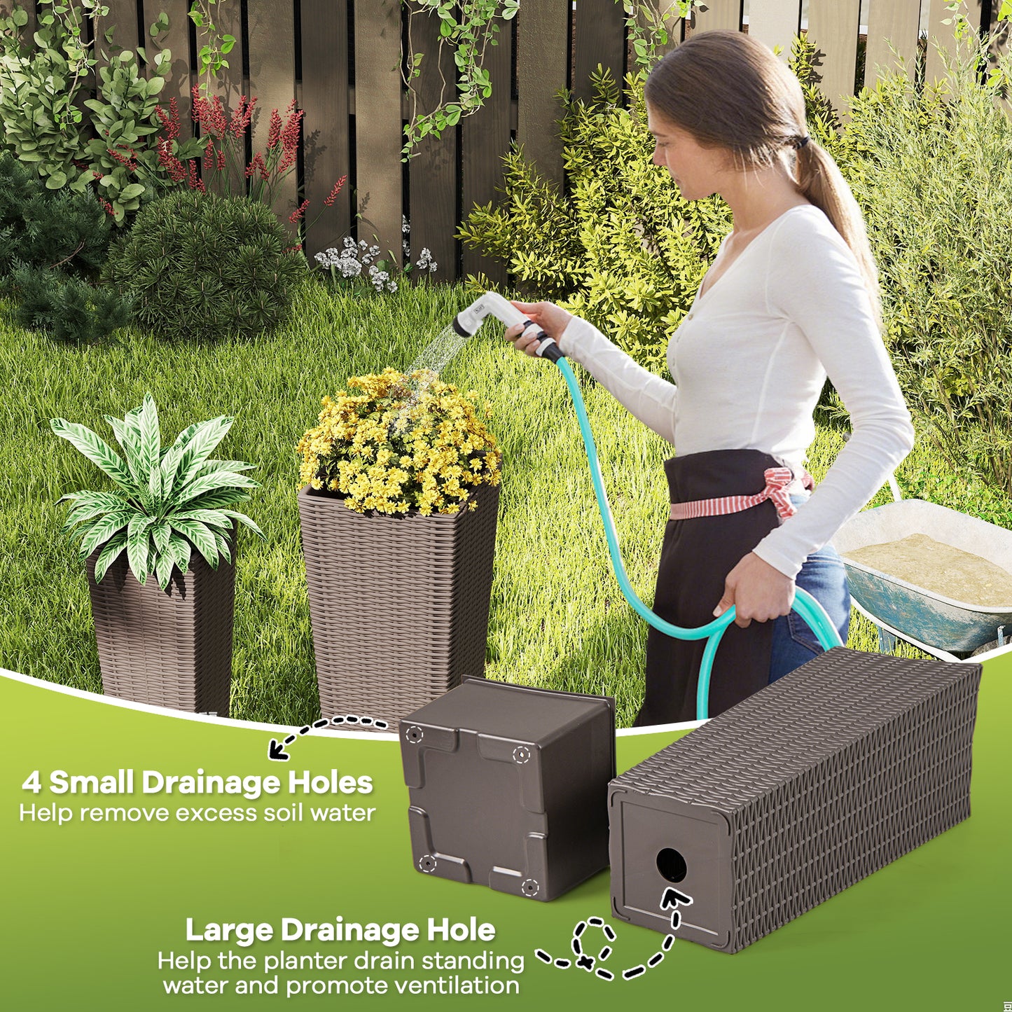 Rattan Tall Planter Set of 2 Outdoor Large Tapered Planters with Removable Inner Trays-Brown