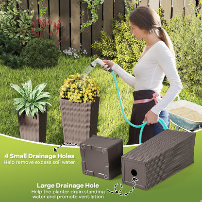 Rattan Tall Planter Set of 2 Outdoor Large Tapered Planters with Removable Inner Trays-Brown