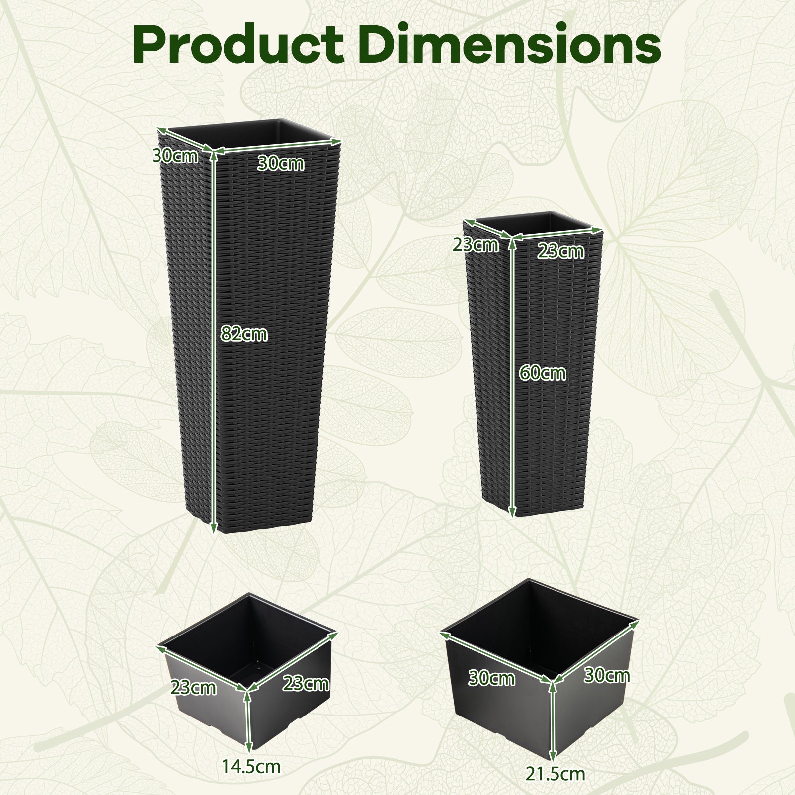 Rattan Tall Planter Set of 2 Outdoor Large Tapered Planters with Removable Inner Trays-Black
