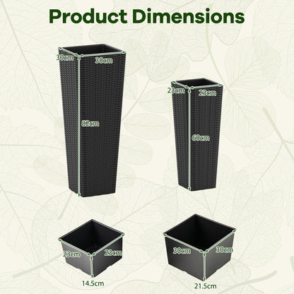 Rattan Tall Planter Set of 2 Outdoor Large Tapered Planters with Removable Inner Trays-Black