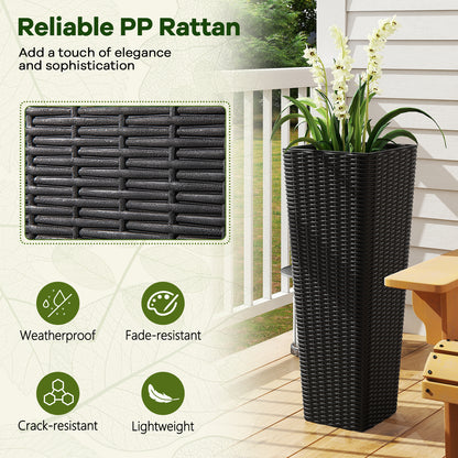 Rattan Tall Planter Set of 2 Outdoor Large Tapered Planters with Removable Inner Trays-Black