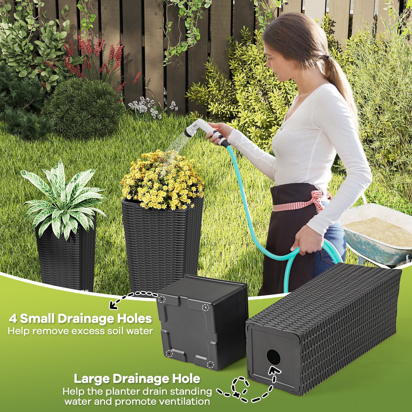 Rattan Tall Planter Set of 2 Outdoor Large Tapered Planters with Removable Inner Trays-Black