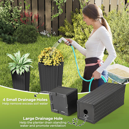Rattan Tall Planter Set of 2 Outdoor Large Tapered Planters with Removable Inner Trays-Black