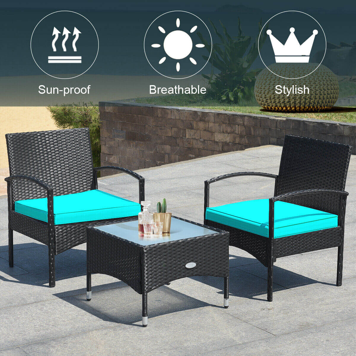 3 Pieces Patio Wicker Rattan Furniture Set with Cushion for Lawn Backyard-Gray - Turquoise