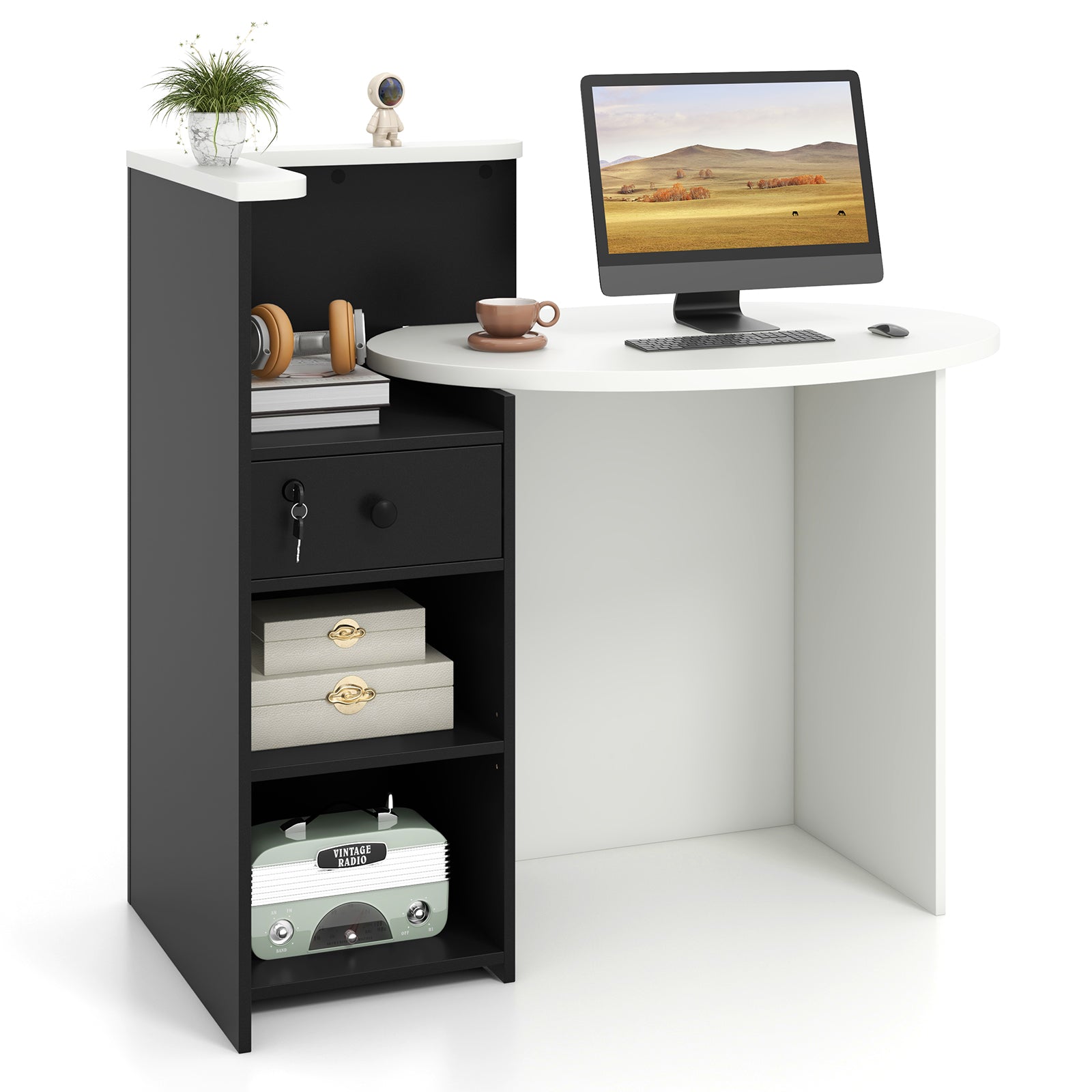 Front Reception Office Desk with Open Shelf and Lockable Drawer-Brown & White - Black