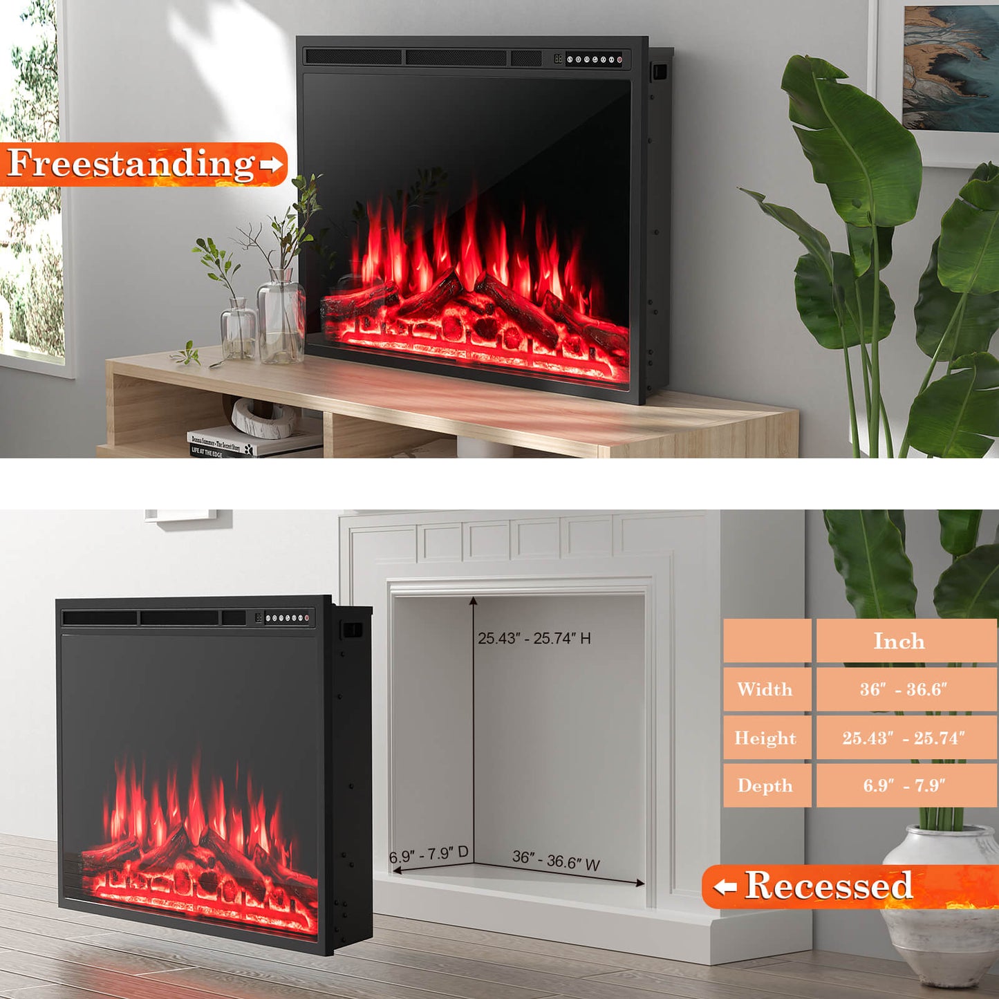 Electric Fireplace Recessed 34/37 Inch with Adjustable Flames