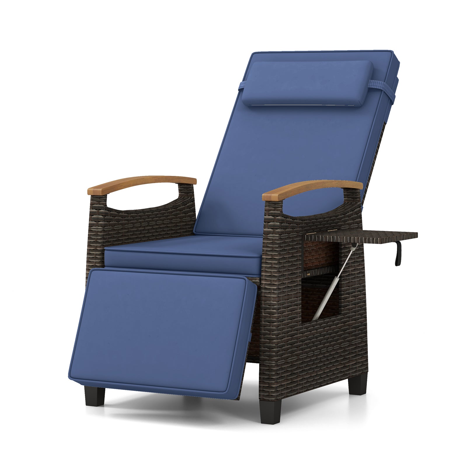 Patio Wicker Recliner Chair with Adjustable Backrest and Footrest-Black - Navy