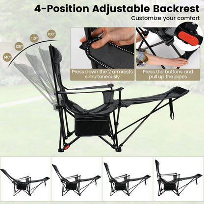 Reclining Camping Chair with Removable Footrest and Adjustable Backrest-Gray