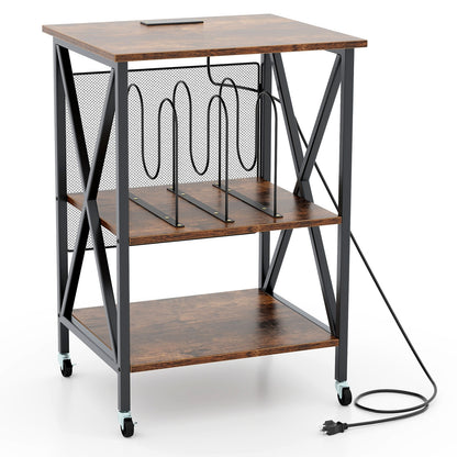 Mid-Century Record Player Stand with Built-in Charging Station-Rustic Brown - Rustic Brown