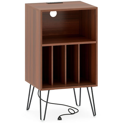 Record Player Stand with Charging Station for Living Room Bedroom-White - Walnut