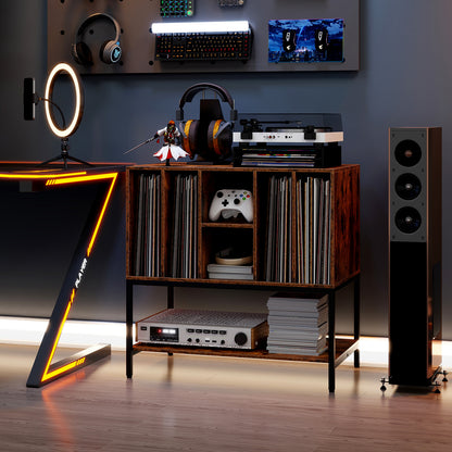 Record Player Stand with Charging Station and Metal Frame-Rustic Brown