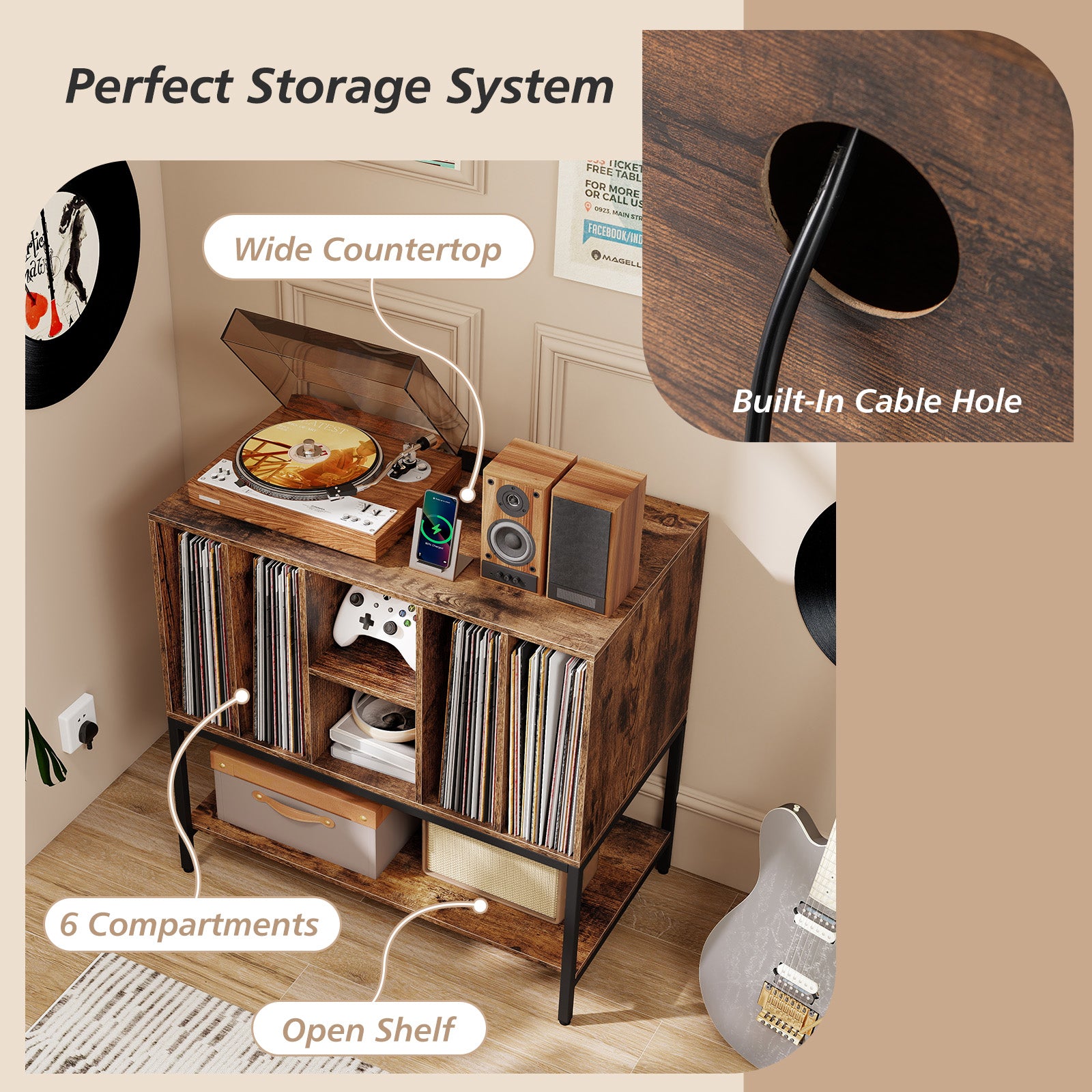 Record Player Stand with Charging Station and Metal Frame-Rustic Brown