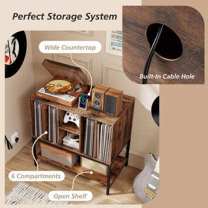 Record Player Stand with Charging Station and Metal Frame-Rustic Brown