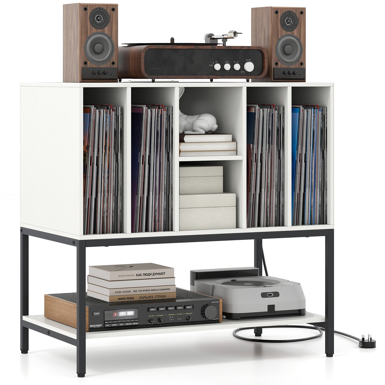 Record Player Stand with Charging Station and Metal Frame-White