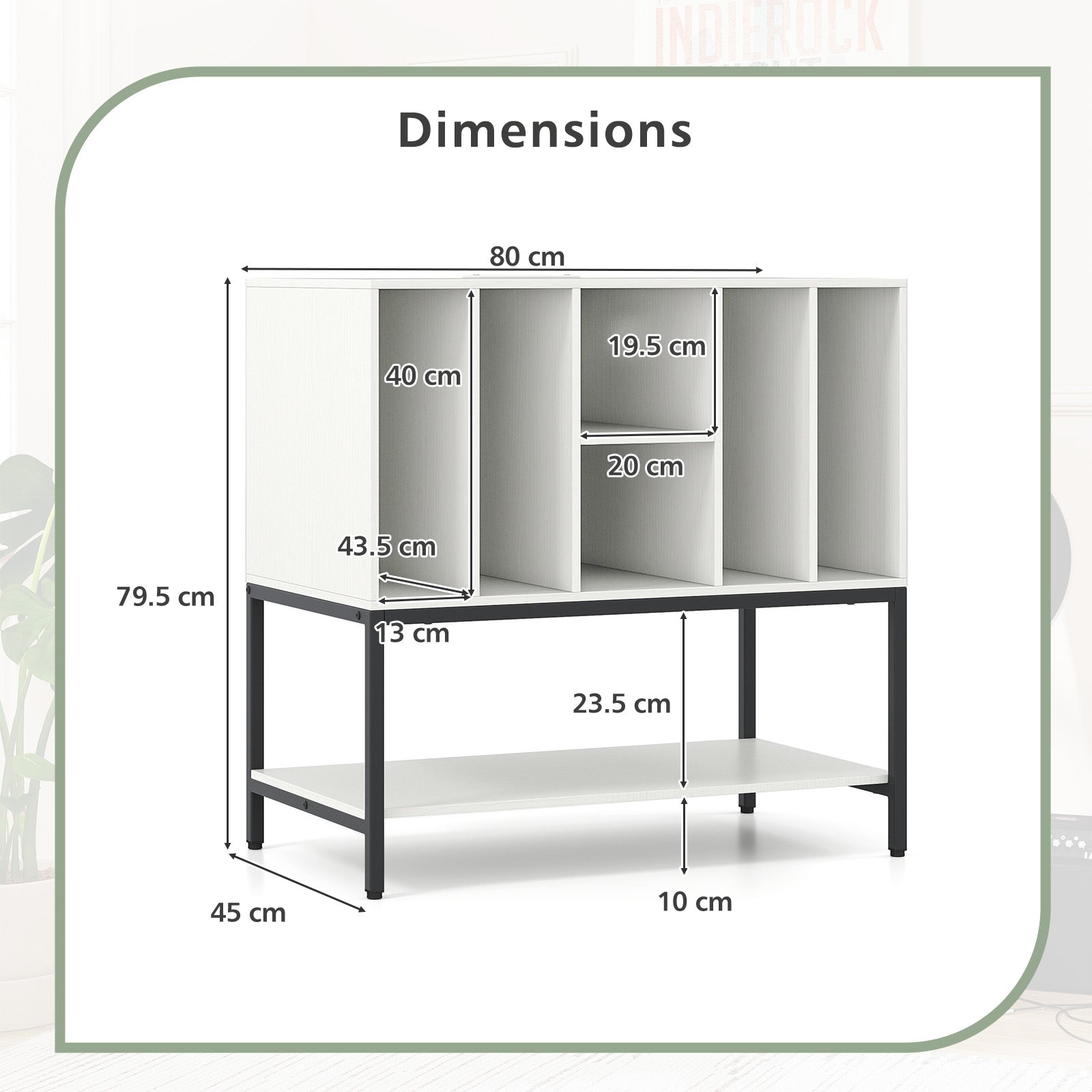 Record Player Stand with Charging Station and Metal Frame-White