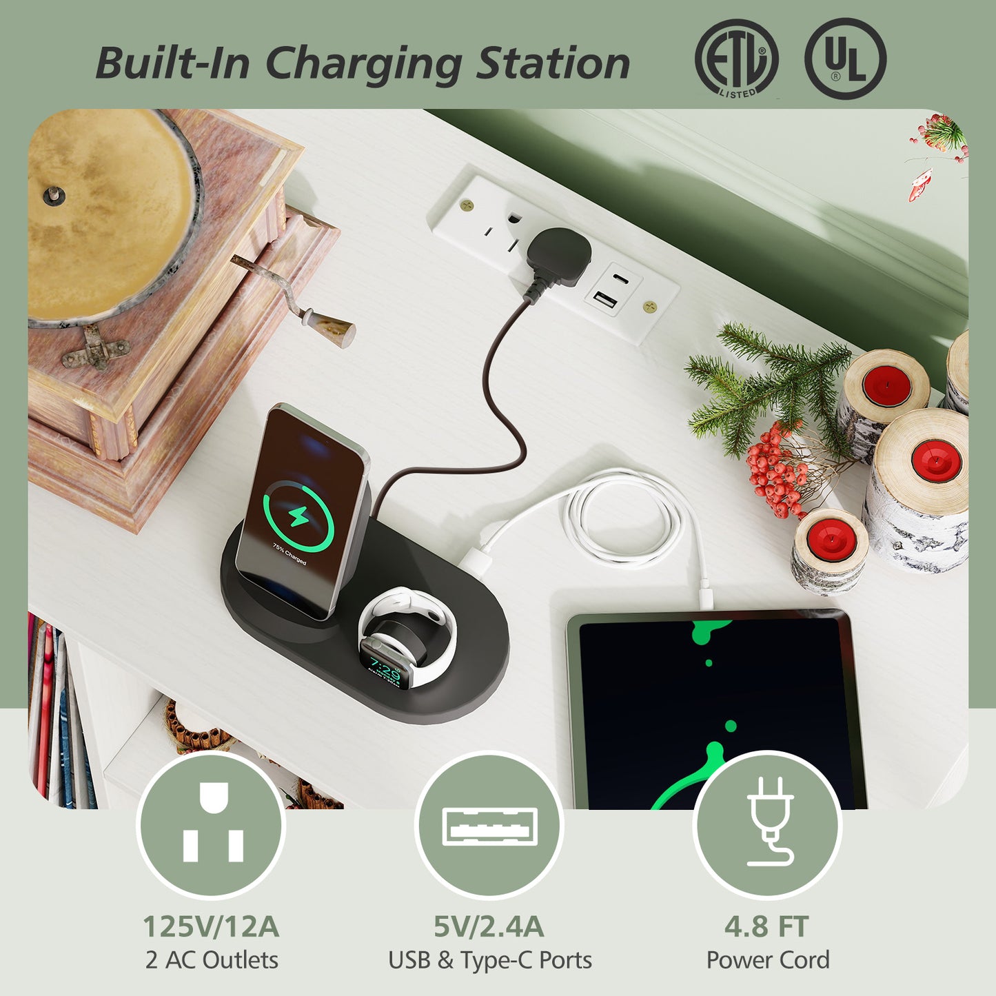 Record Player Stand with Charging Station and Metal Frame-White