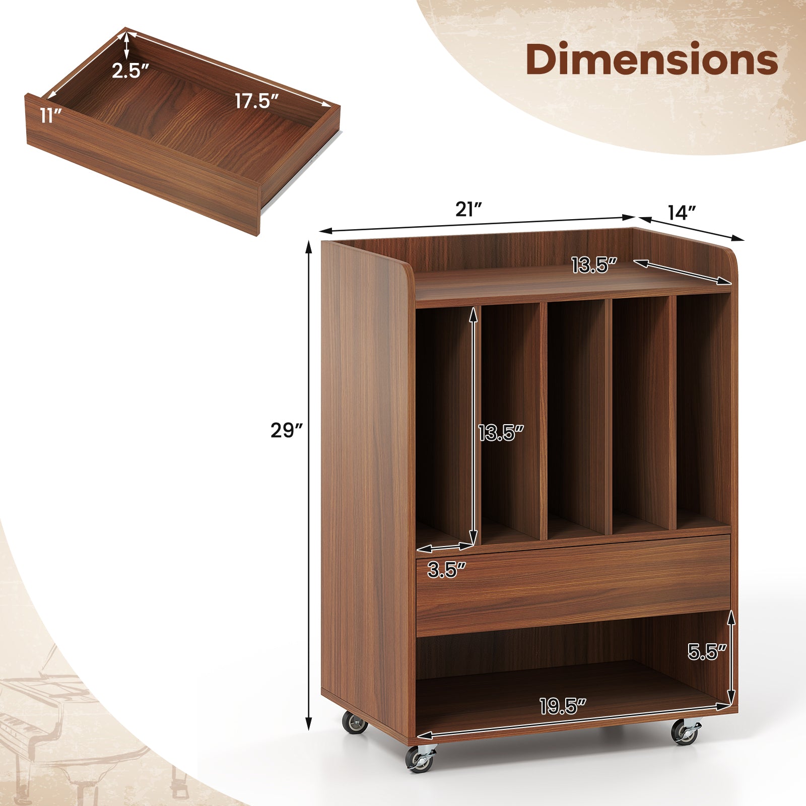 Record Player Stand Turntable Stand with Drawer and Record Holder-Walnut