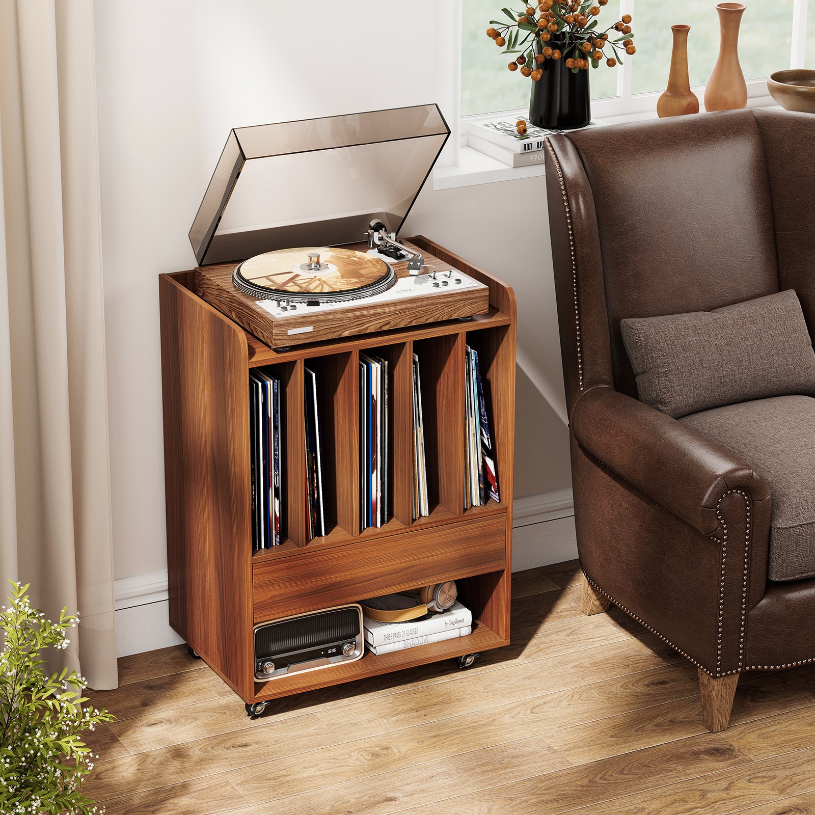 Record Player Stand Turntable Stand with Drawer and Record Holder-Walnut