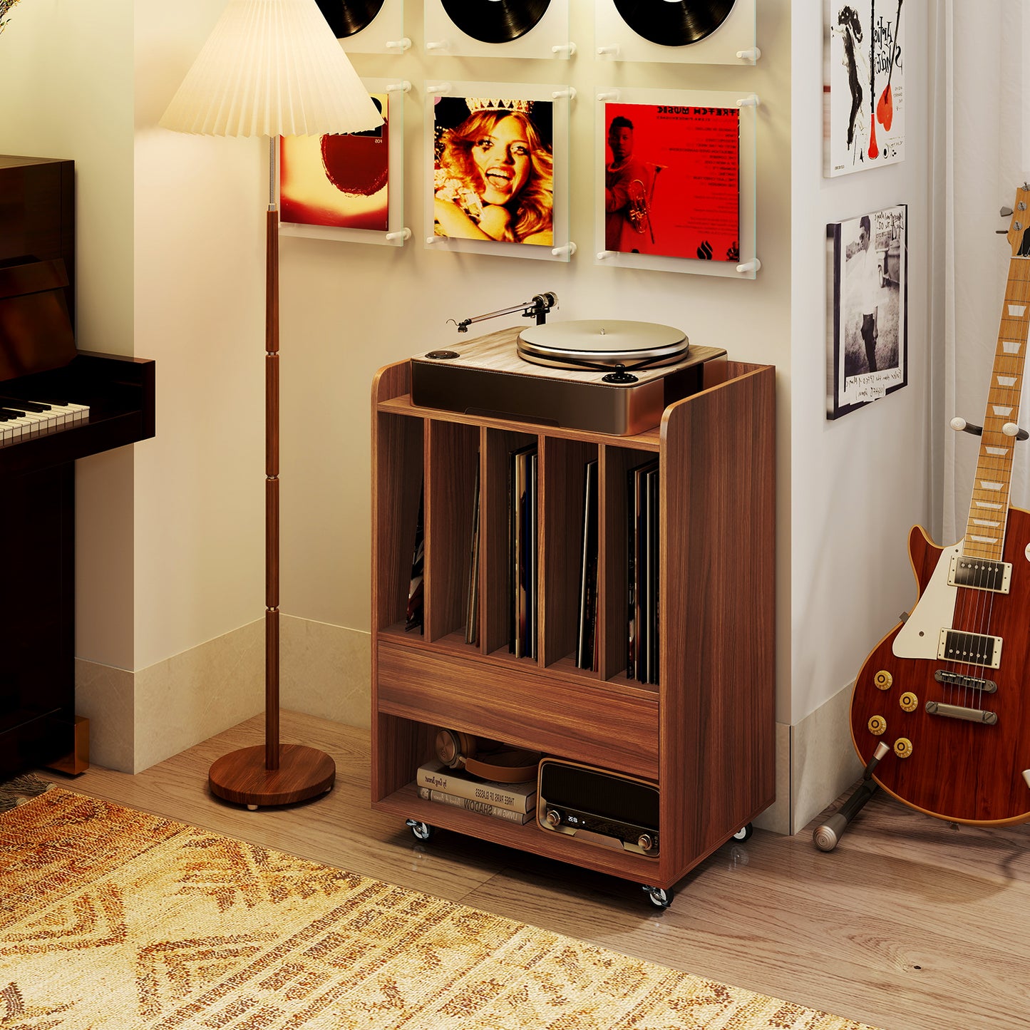 Record Player Stand Turntable Stand with Drawer and Record Holder-Walnut