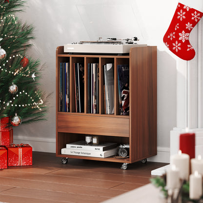 Record Player Stand Turntable Stand with Drawer and Record Holder-Walnut