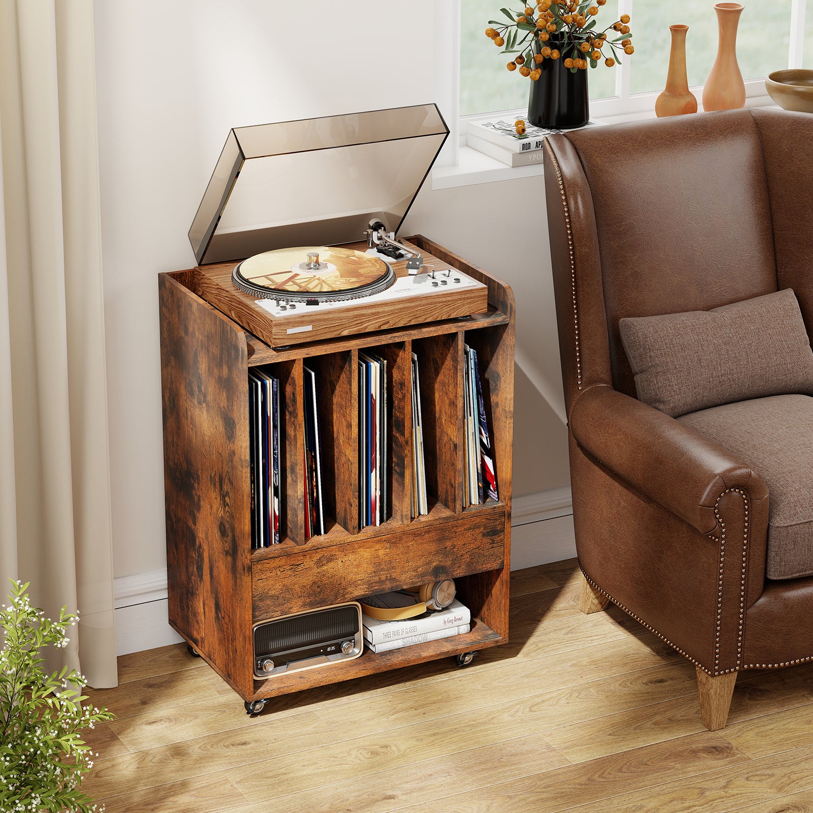 Record Player Stand Turntable Stand with Drawer and Record Holder-Brown