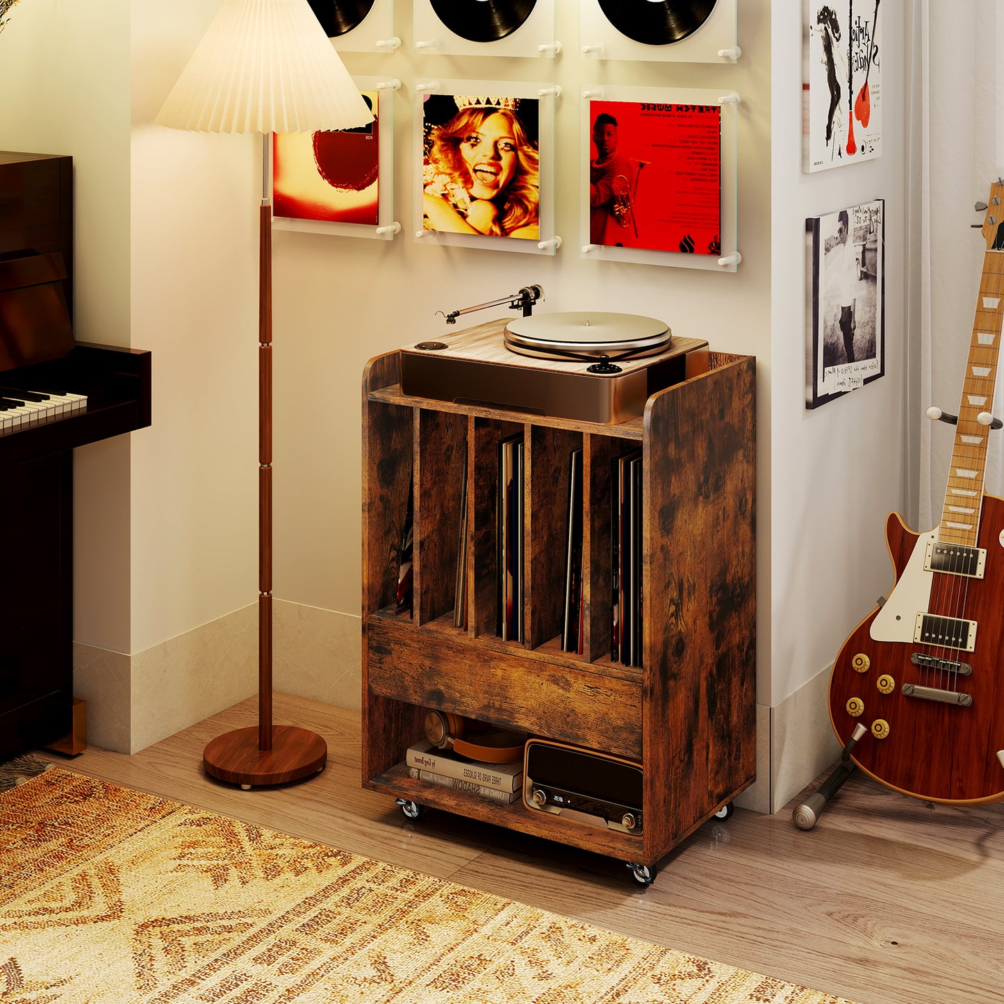 Record Player Stand Turntable Stand with Drawer and Record Holder-Brown