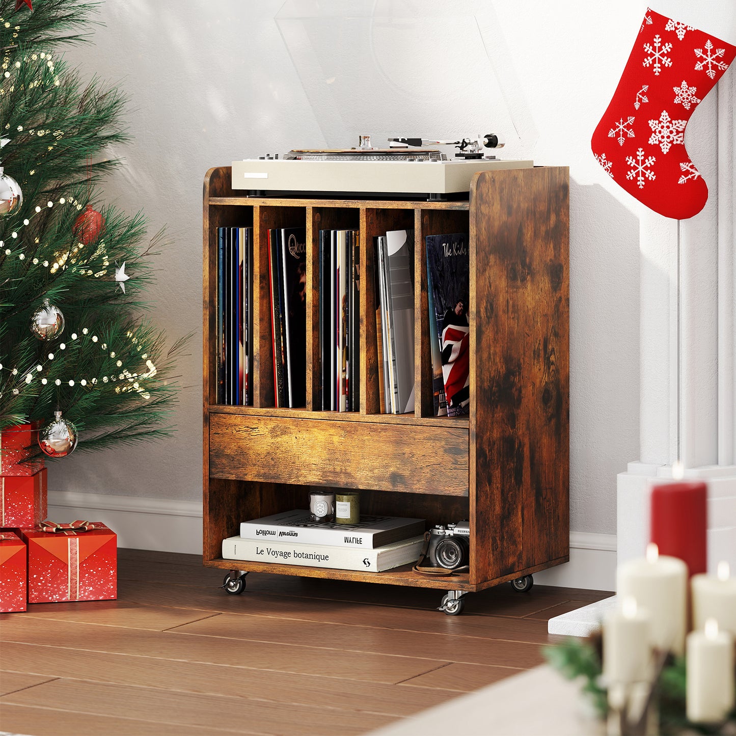 Record Player Stand Turntable Stand with Drawer and Record Holder-Brown