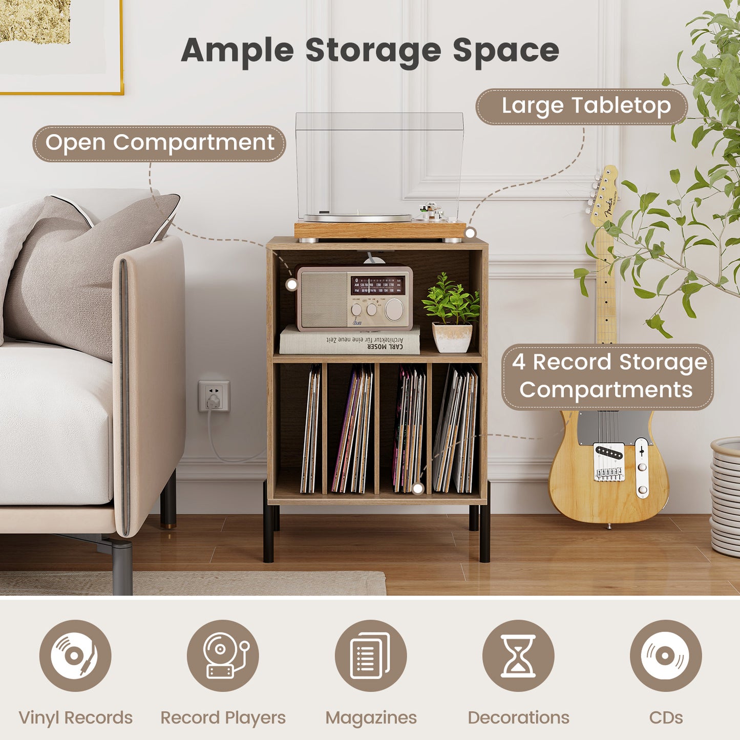 Record Player Stand with Record Storage Shelf and Charging Station-Natural