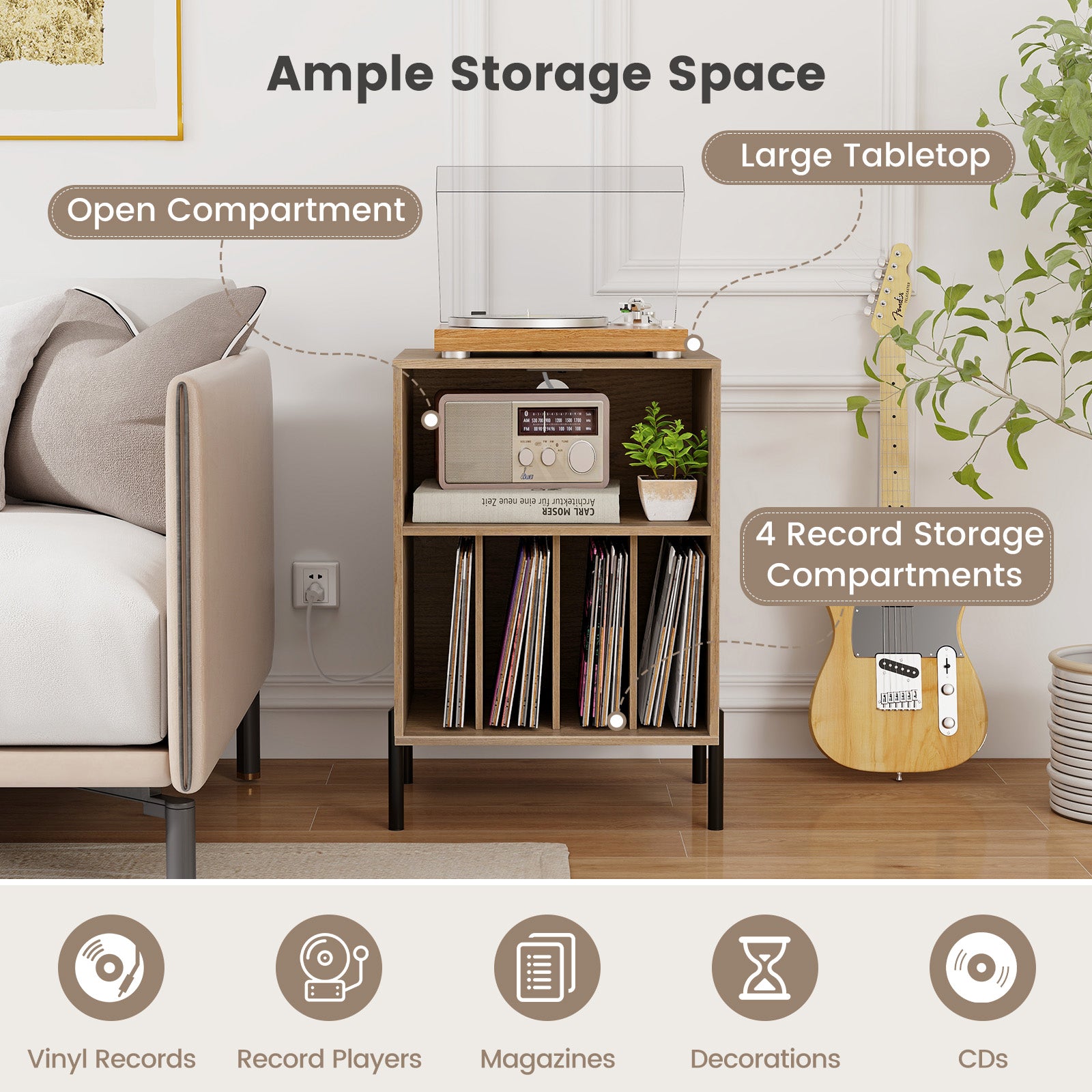 Record Player Stand with Record Storage Shelf and Charging Station-Natural