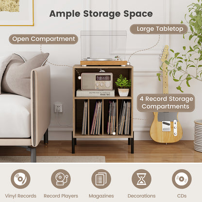 Record Player Stand with Record Storage Shelf and Charging Station-Natural