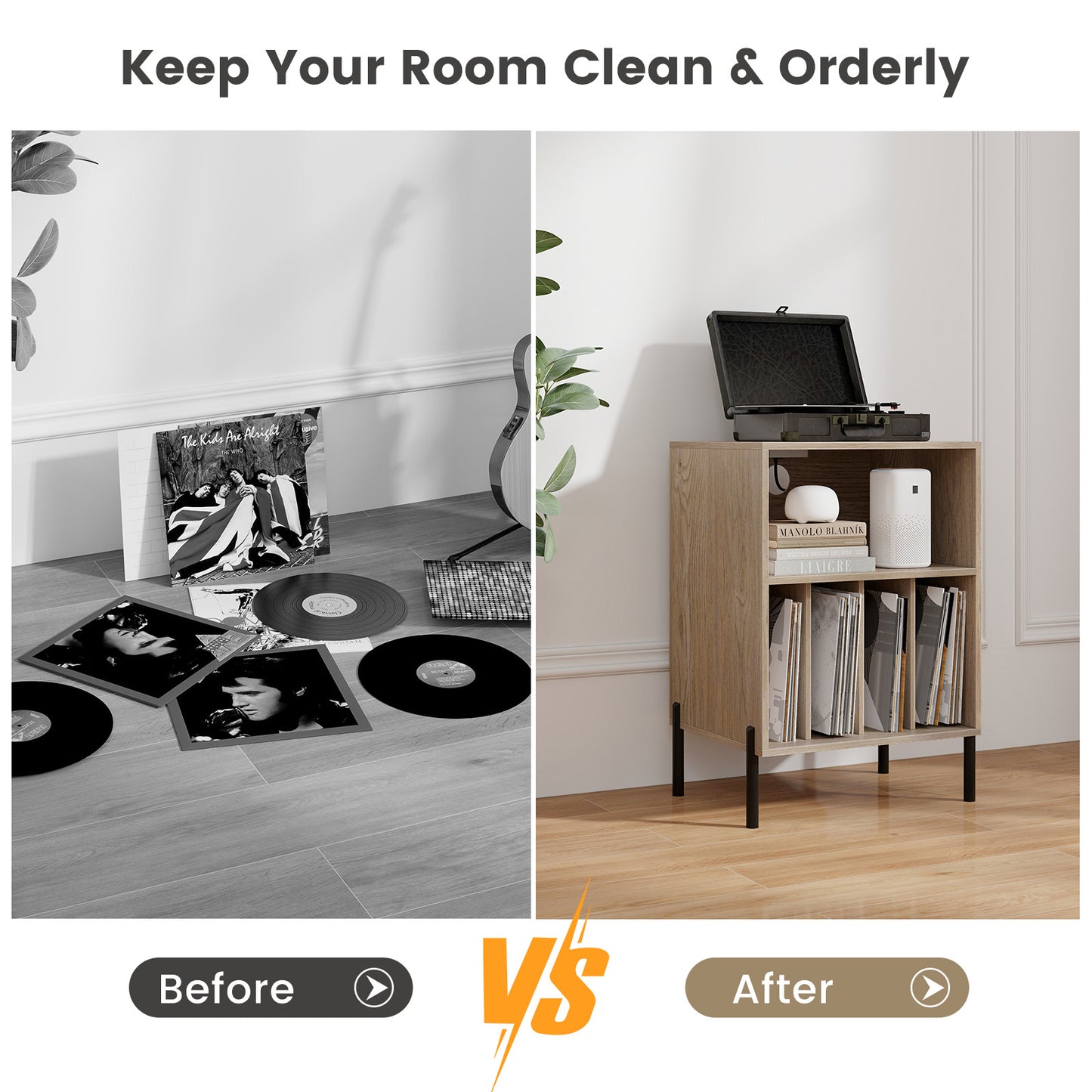 Record Player Stand with Record Storage Shelf and Charging Station-Natural