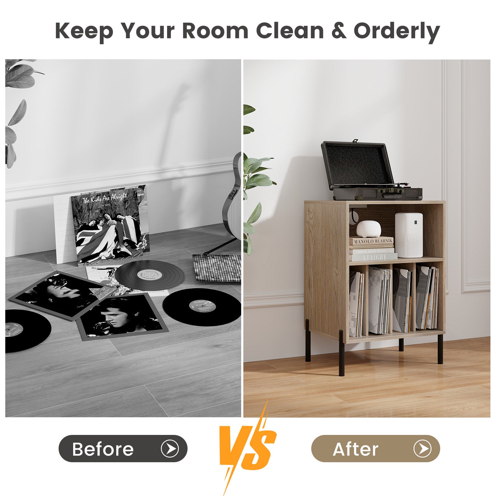Record Player Stand with Record Storage Shelf and Charging Station-Natural