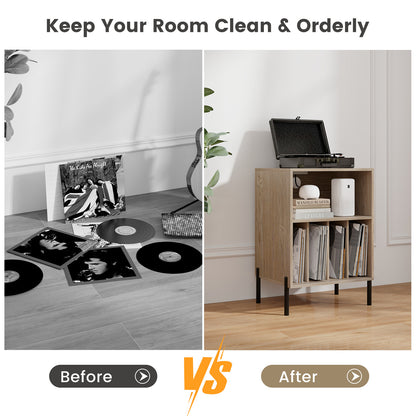 Record Player Stand with Record Storage Shelf and Charging Station-Natural