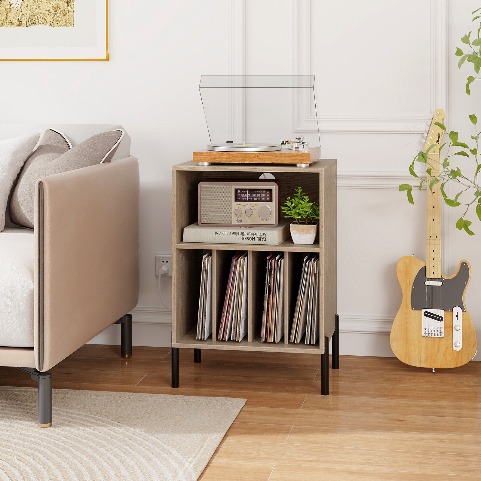 Record Player Stand with Record Storage Shelf and Charging Station-Natural