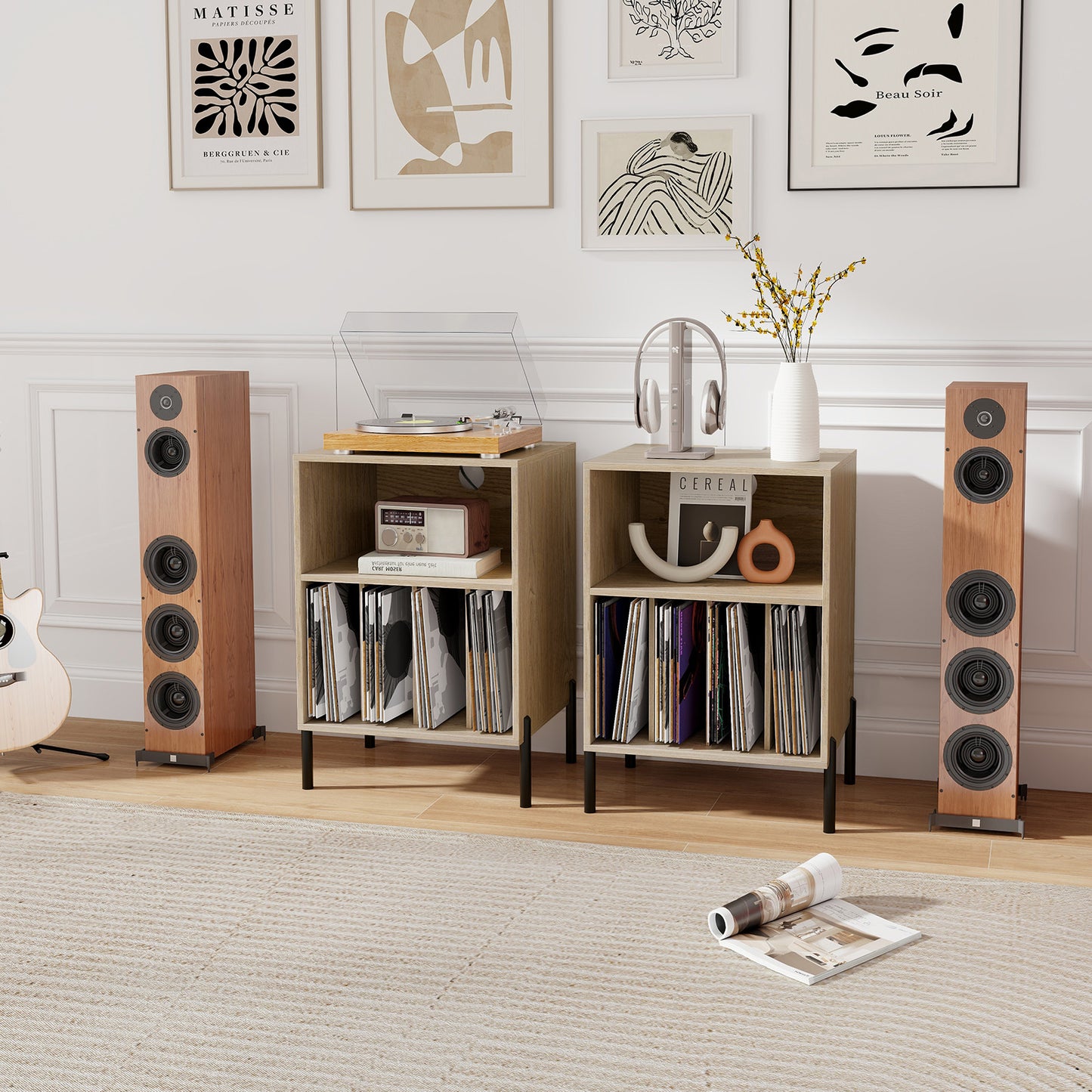 Record Player Stand with Record Storage Shelf and Charging Station-Natural