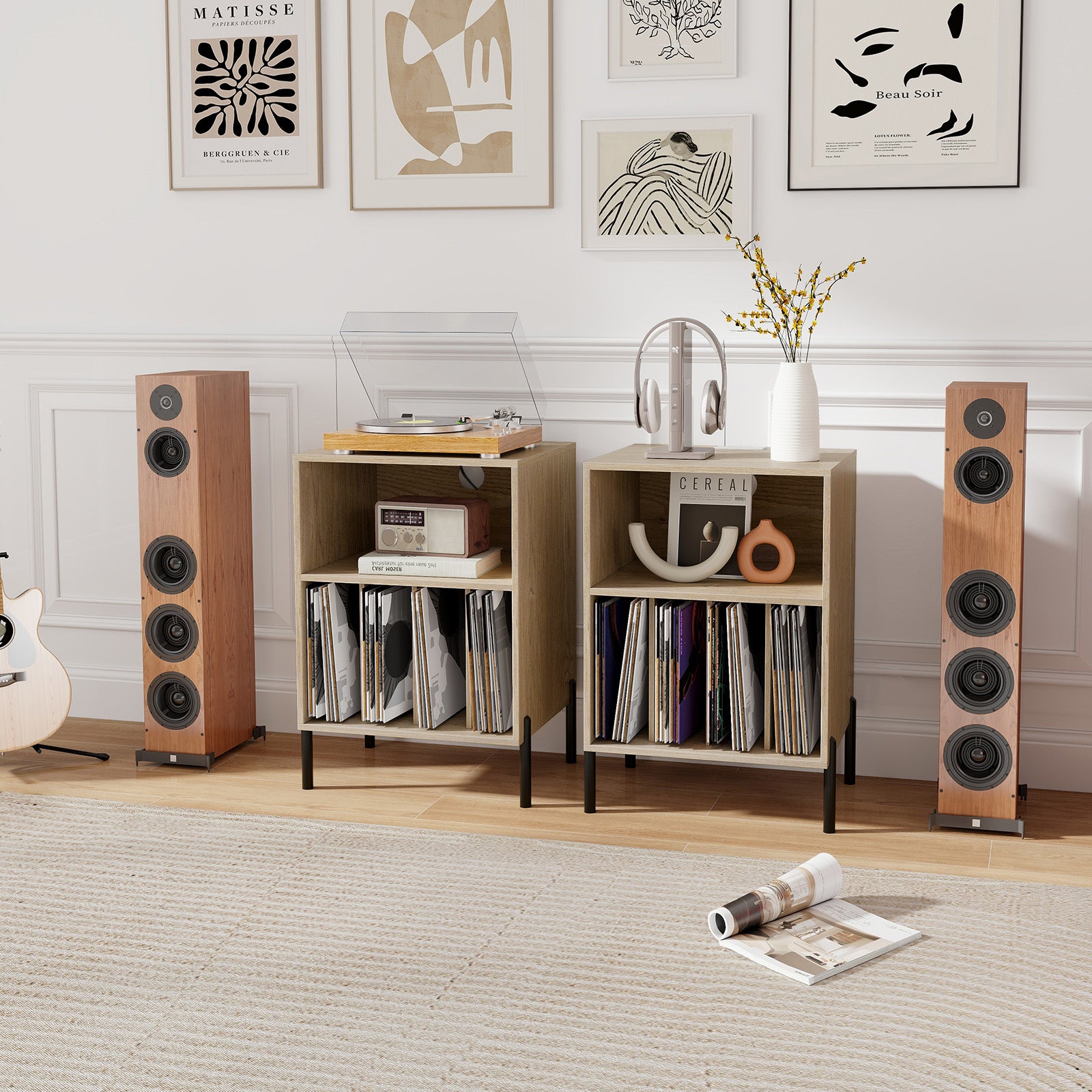 Record Player Stand with Record Storage Shelf and Charging Station-Natural
