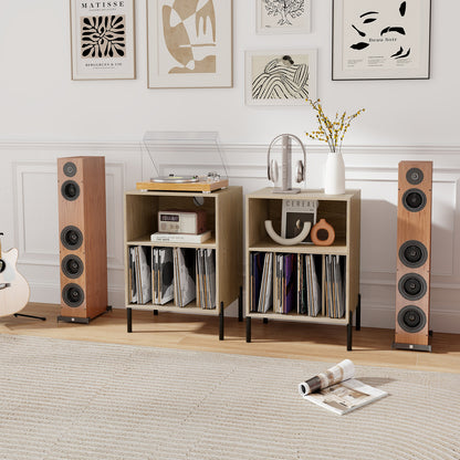 Record Player Stand with Record Storage Shelf and Charging Station-Natural