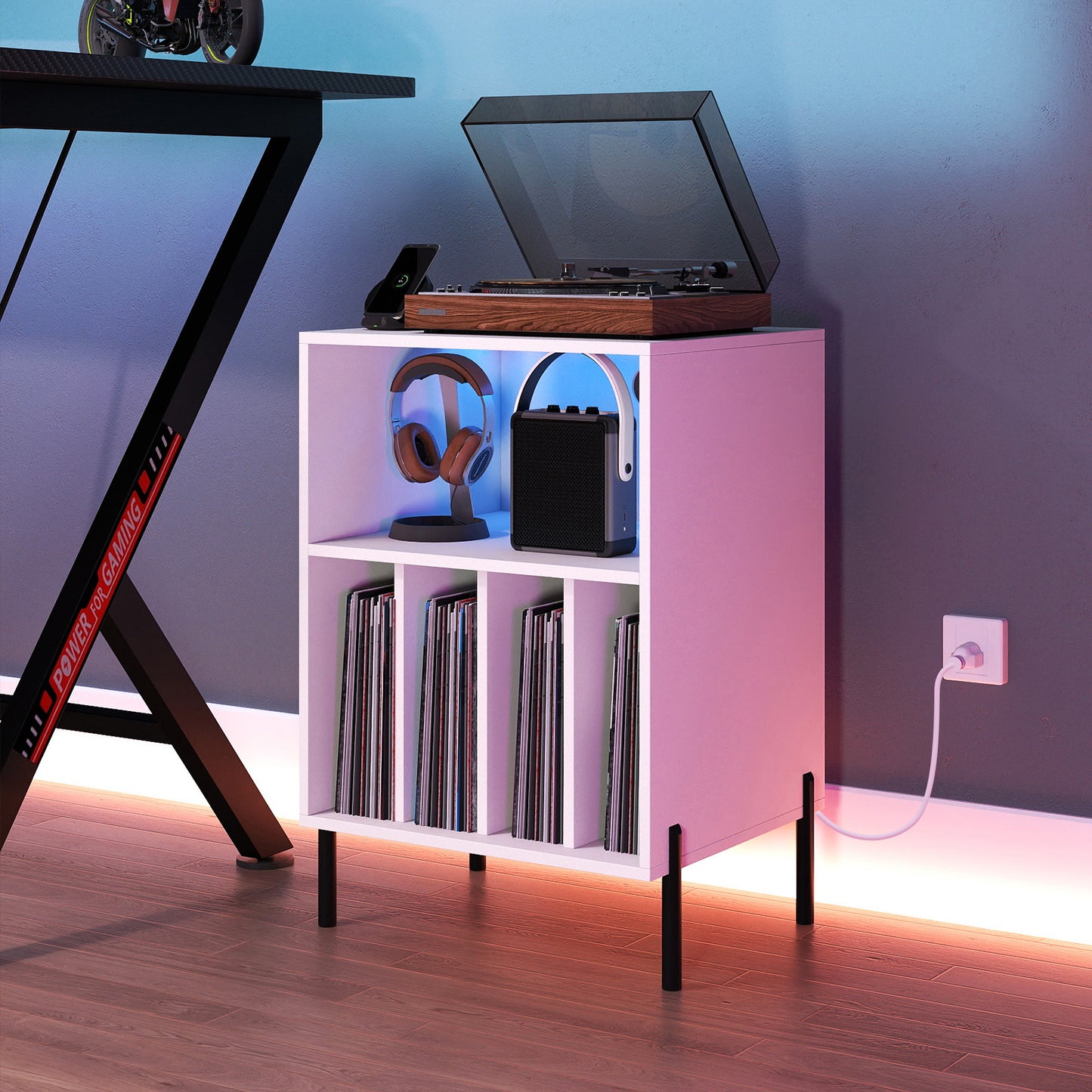 Record Player Stand with LED Light and Charging Station-White